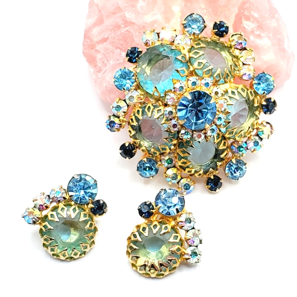 Juliana Delizza and Elster BLUE D&E BLUE RARE brooch and earrings set STUNNING